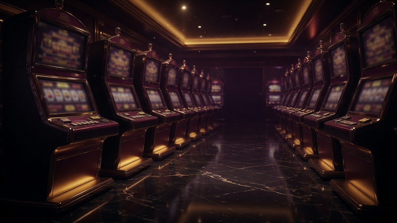 Empty casino slot aisle at night, gold light on black marble.
